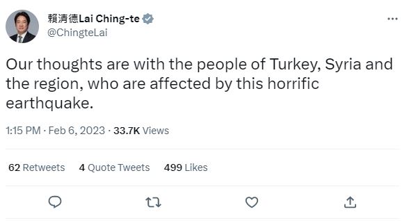 快新聞／百年強震已逾600死　賴清德推特發文「心與土耳其、敘利亞人民同在」