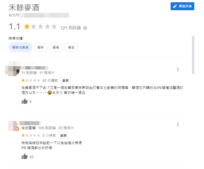 快新聞／禾餘麥酒創辦人留言諷「塔綠班」  遭網友出征狂刷百則負評慘剩1顆星