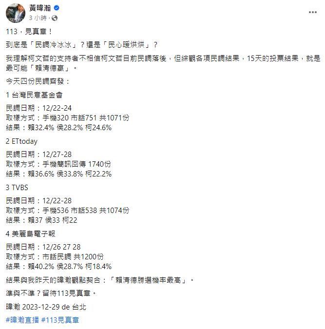 快新聞/1/13見真章! 他看最新民調斷言:賴清德勝選機率最高
