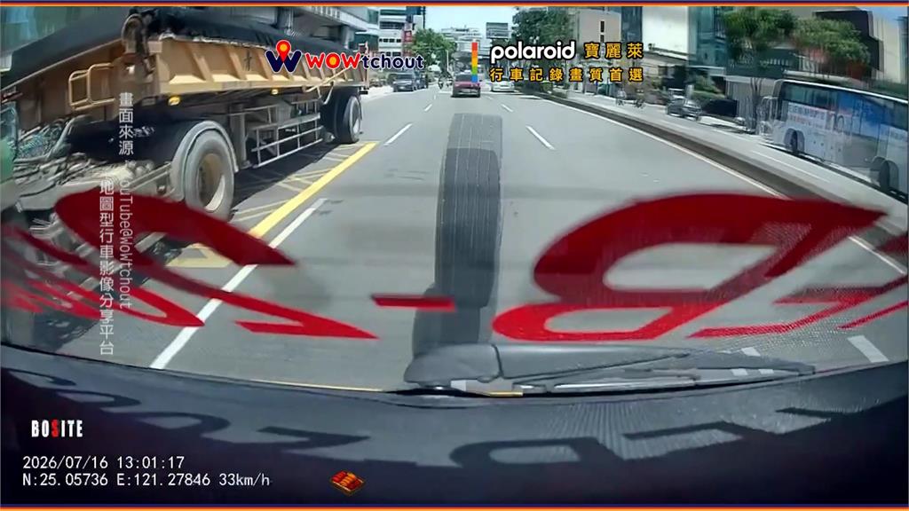 拍特技片？砂石車「雙輪」脫落活蹦亂跳　撞上計程車與工廠鐵門