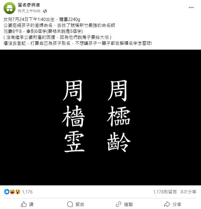 公婆砸重金找「最強命名師」取2組名！她一看秒心死…網譏笑：有種要移靈的感覺