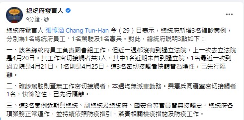 快新聞／總統府再添3人染疫！　密切接觸者快篩結果出爐