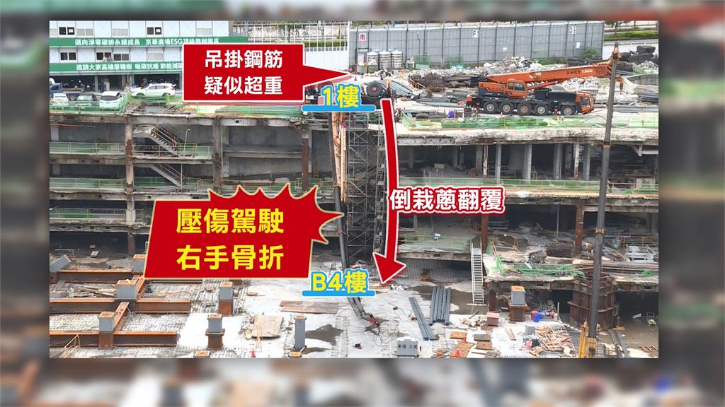 京華城改建工安意外驚險畫面曝！吊車翻覆吊臂垂掛　駕駛一度受困