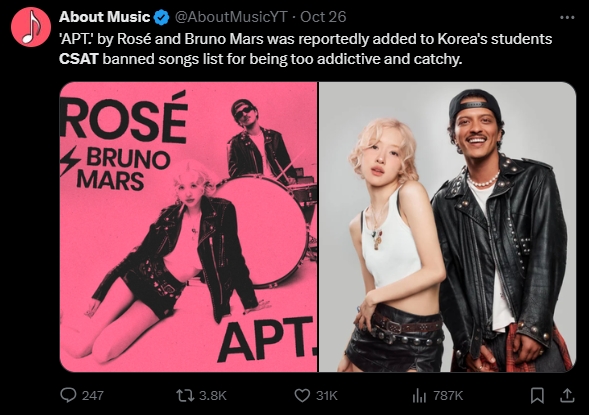 APT.被列「學測禁曲」 傻眼原因曝 Rosé新歌〈APT.〉又出事!遭封「韓國學測禁曲」原因曝…該哭該笑?