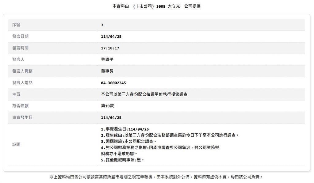 快新聞/晚間最新!大立光捲入內線交易疑雲 公司緊急發布重訊回應