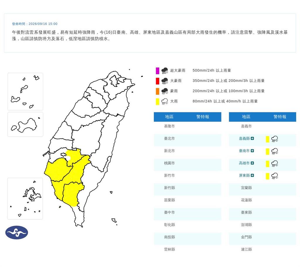 快新聞／快躲雨！4縣市大雨特報　慎防雷擊、強陣風