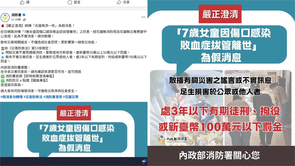 網傳7歲童遭洪災沖走「敗血症拔管亡」　消防署闢謠：最高可關3年、罰100萬！