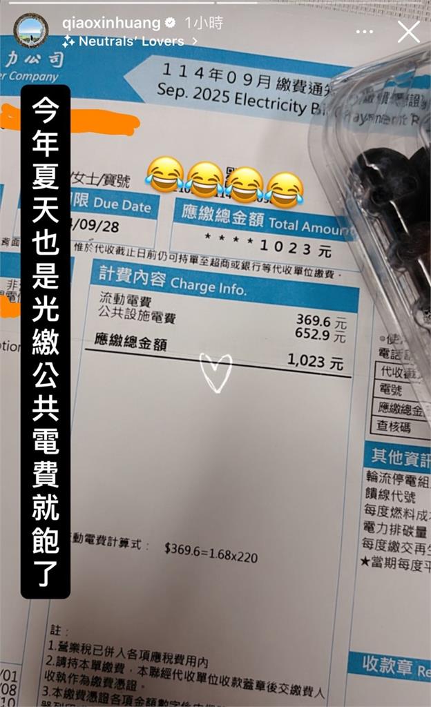 瑤瑤曬4位數電費帳單「公電是家用2倍」！她傻眼喊：光繳就飽了