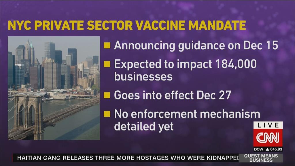 紐約市下令企業員工接種　5-11歲童也需至少1劑