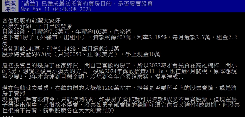 28歲男為買房信貸「All in股市」！提前賺到頭期款竟「捨不得賣」掀2派狂戰