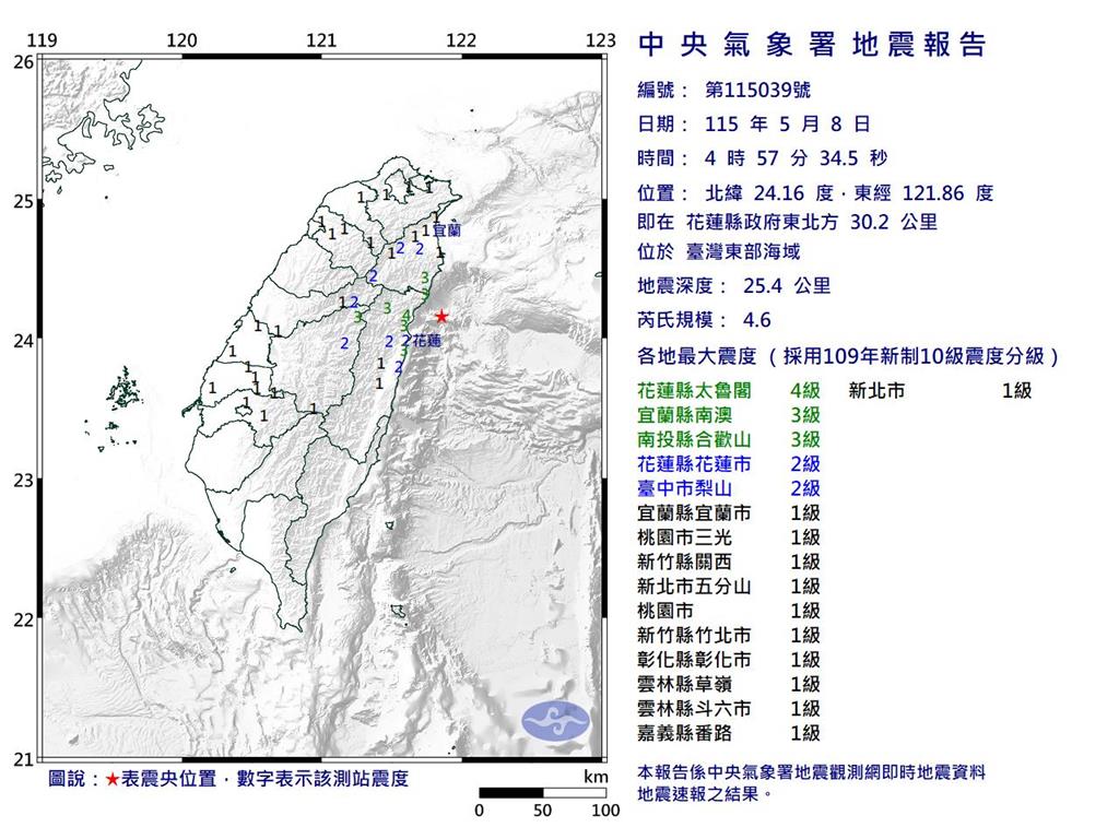 快新聞／07:08花蓮規模4.4地震！最大震度3級
