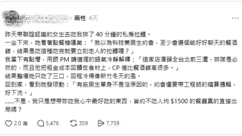 首次約會吃拉麵遭「冷臉辱罵」!女酸「活該單身」網全點頭:超踩雷