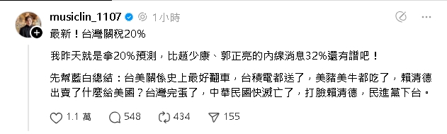 美國對台關稅降至20℅「八炯早料到」!預言「藍白2劇本」酸爆趙少康