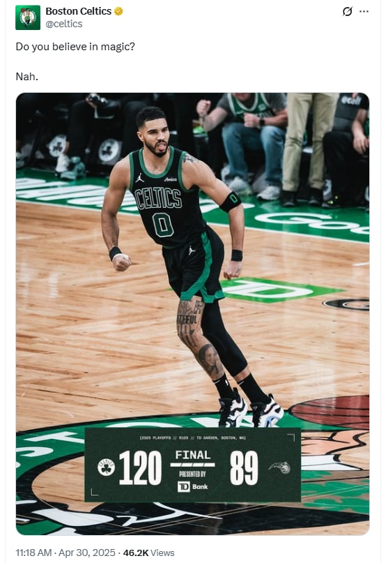 NBA(影)/單節24:4一波流帶走!塞爾提克5戰淘汰魔術 社群嗆:還相信魔法?