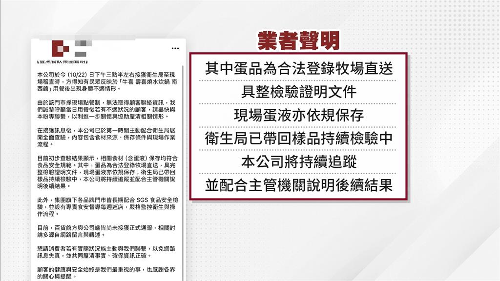 「知名壽喜燒」爆多人吐瀉發燒 北市衛生局稽查、抽驗蛋液