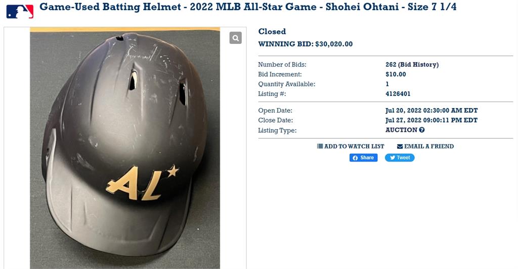 MLB／大谷翔平的汗水真香！明星賽原味頭盔拍出近90萬高價