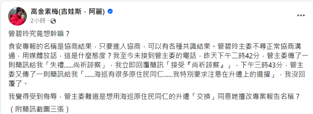 快新聞／高金素梅質疑她拿原住民升遷「交換」　管碧玲認失禮：但邏輯不通