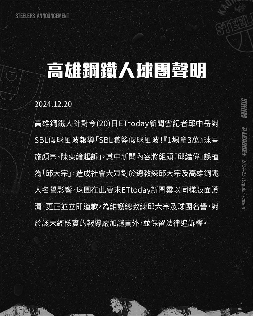 PLG／SBL假球案媒體報導誤植組頭名字為邱大宗　鋼鐵人緊急發表聲明澄清