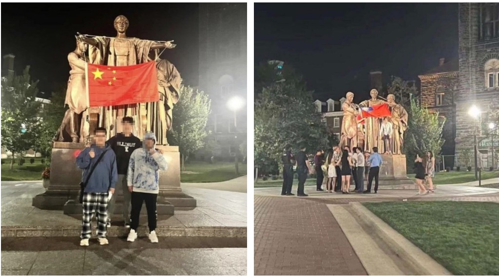 中國留學生高掛「五星旗」踢鐵板！被同學反制用「中華民國國旗」擋住
