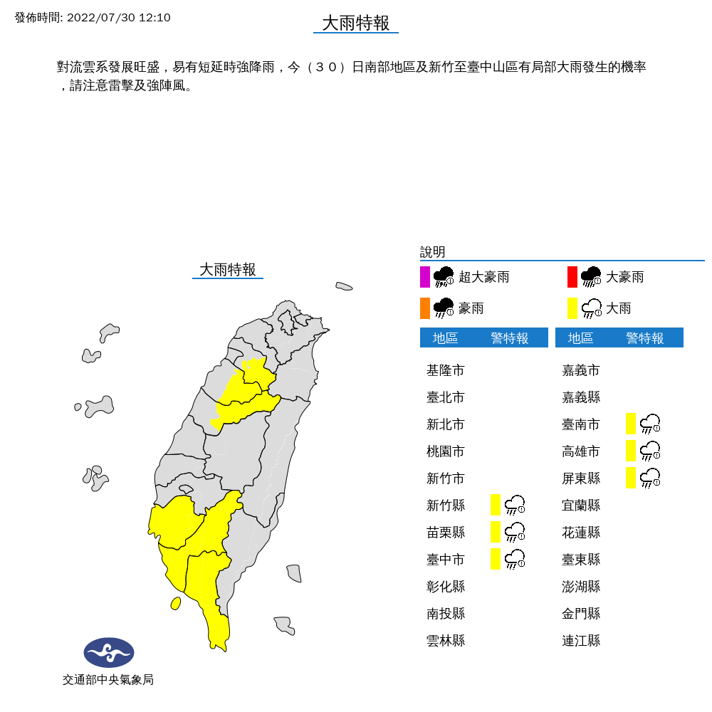 快新聞/記得帶傘! 氣象局對6縣市發布大雨特報 注意雷擊強陣風