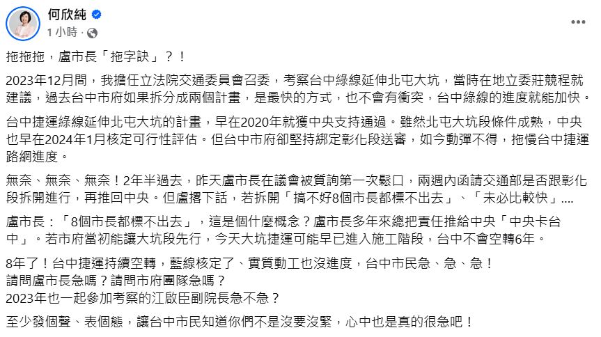 快新聞／怒轟盧秀燕「拖字訣」！何欣純批：台中捷運空轉8年