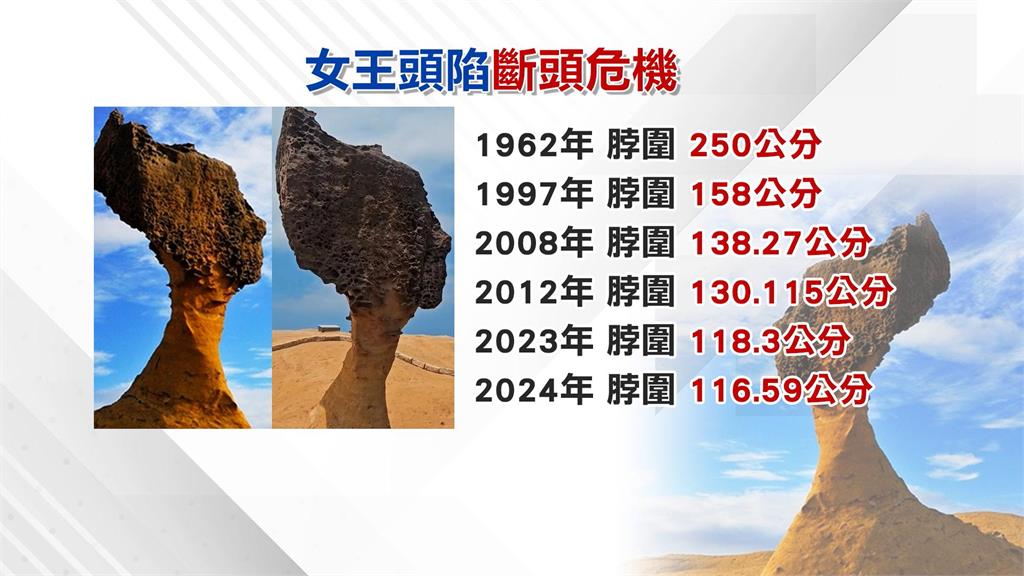 野柳女王頭越來越細　「風化+侵蝕」作用　5年內恐斷頸