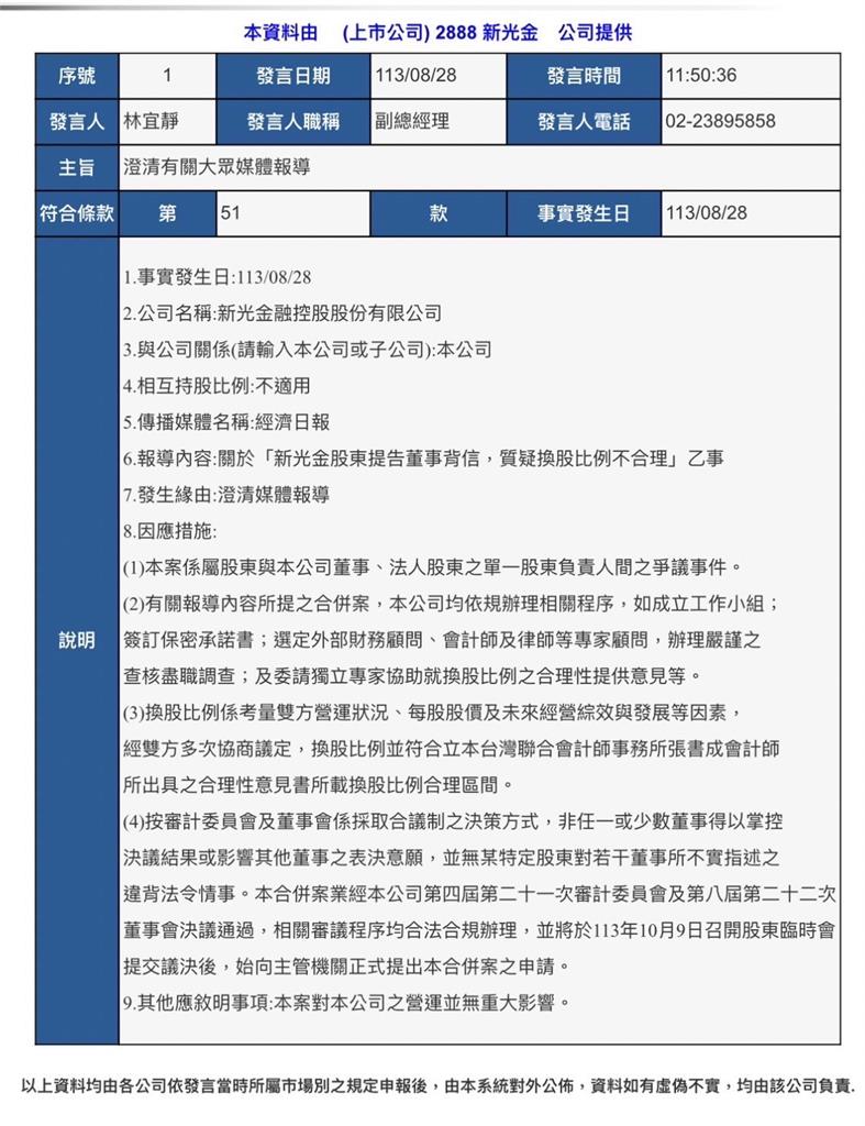傳新光金小股東怒告 彭雪芬及新光金4名董事 新光金重訊回應