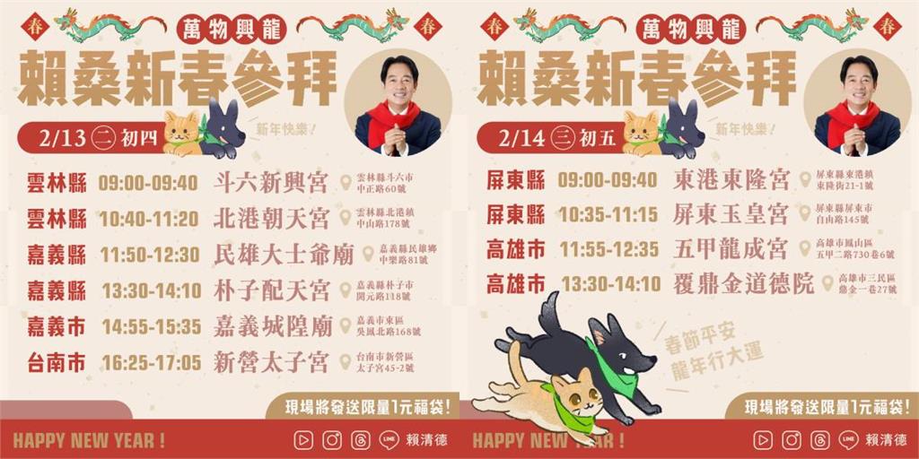 快新聞/賴清德春節全台參香跑透透 將發限量1元福袋