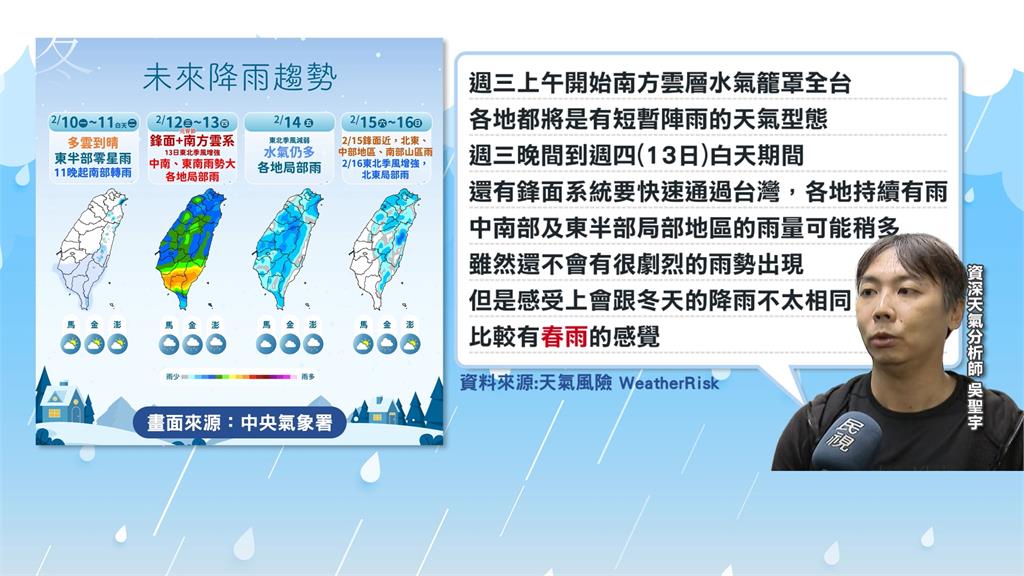 週三鋒面通過「雨打元宵燈」 氣象專家:較有「春雨」感覺