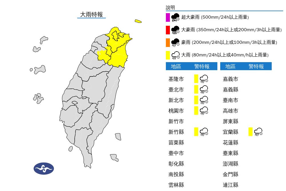 快新聞/對流旺盛! 氣象署針對北部、東部6縣市發布大雨特報