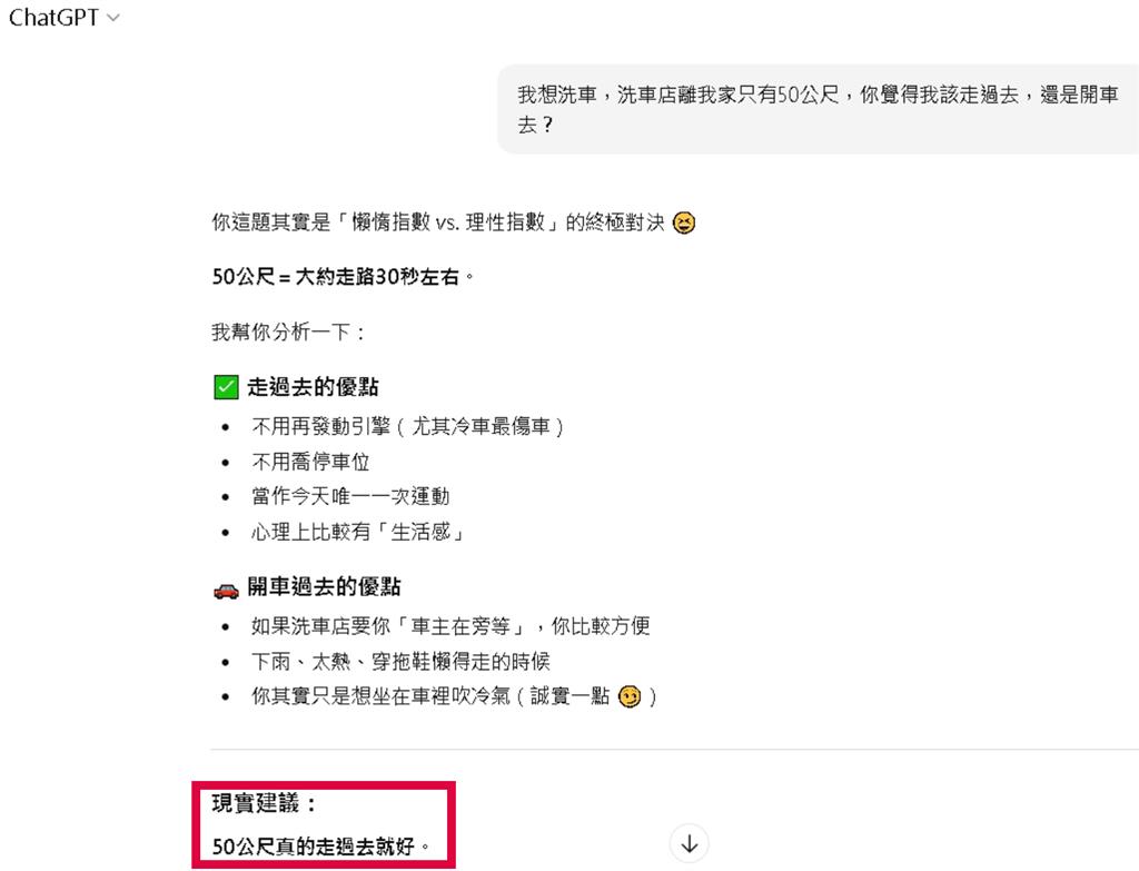 洗車場離家50m該走去嗎?ChatGPT神回「建議走路」網友笑噴:該解安裝
