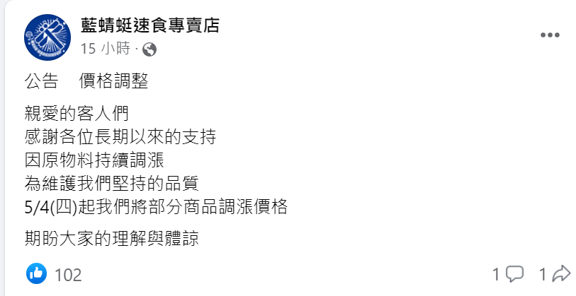 快新聞／台東知名炸雞店「藍蜻蜓」　5/4起部分商品調漲