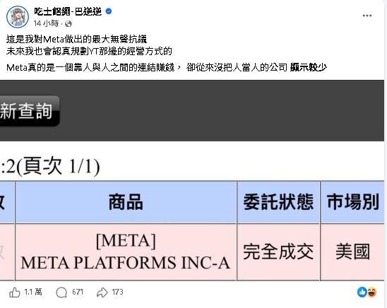 大規模停權惹到反指標女神！巴逆逆出手「買進Meta股票」網笑翻：阿祖慘了