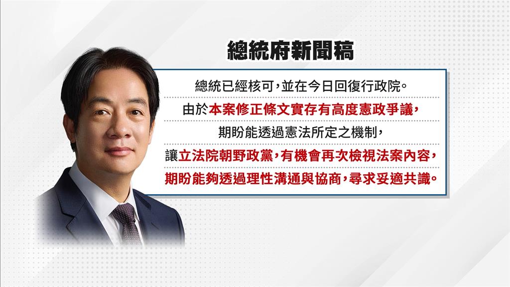 行政院提「憲訴法」覆議案　賴總統速審：盼再次檢視法案內容