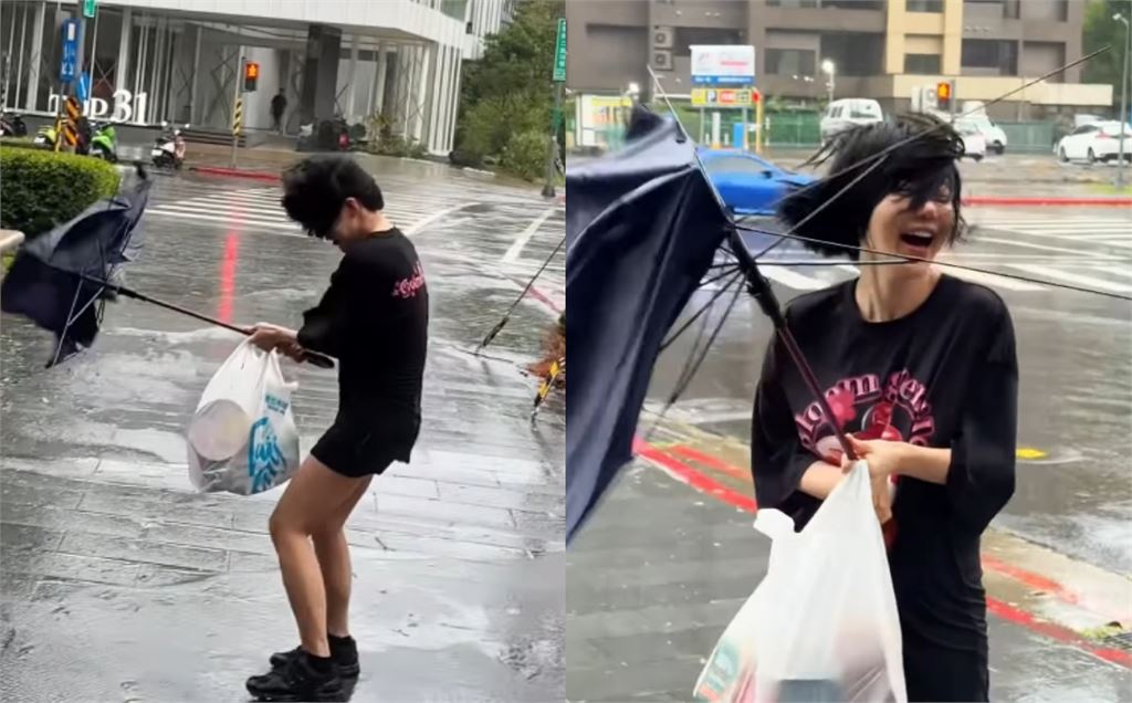 韓辣妹DJ來台「被颱風拖著走」狼狽畫面曝！雨傘「當場開花」她崩潰大笑