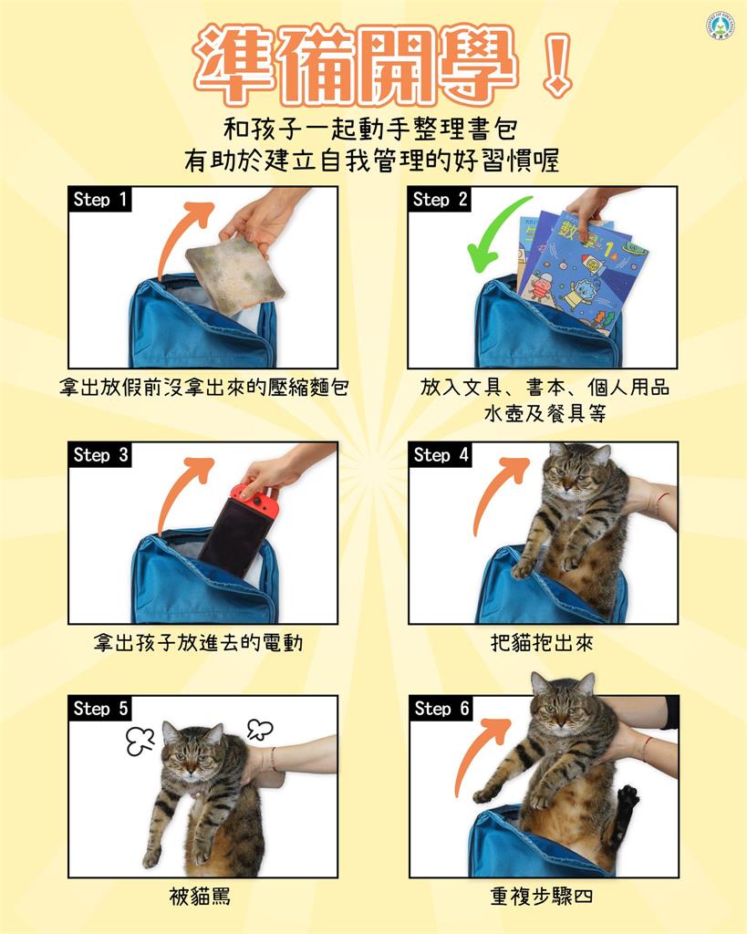 要開學了！教育部逗趣「6步驟」整理書包　網笑：作業被貓吃掉了