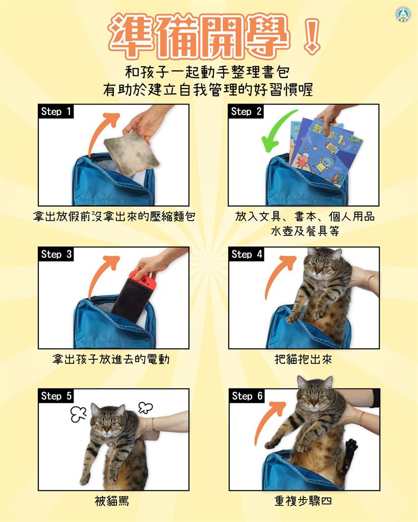 要開學了!教育部逗趣「6步驟」整理書包 網笑:作業被貓吃掉了