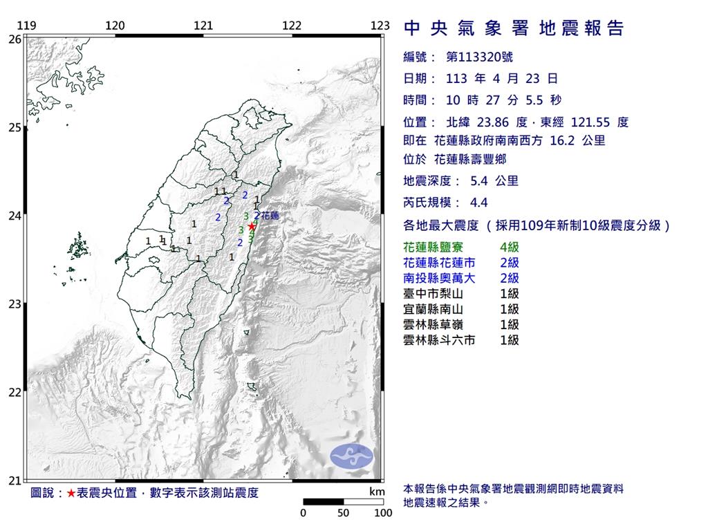 快新聞／震不停！10時21分規模5.4地震　最大震度花蓮鹽寮5弱