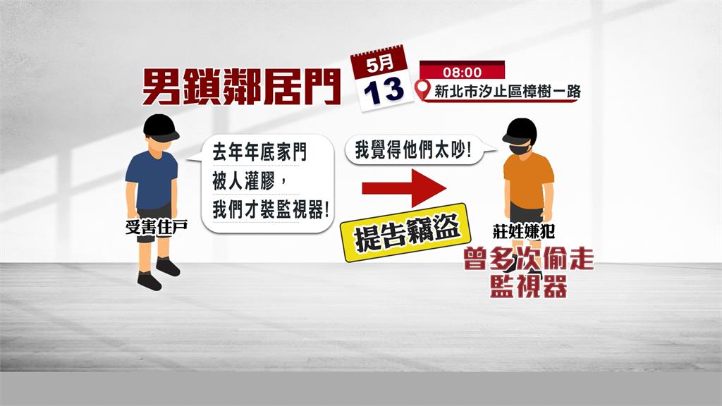 汐止惡鄰!狂偷門口監視器 離譜拿機車大鎖「鎖鄰居大門」