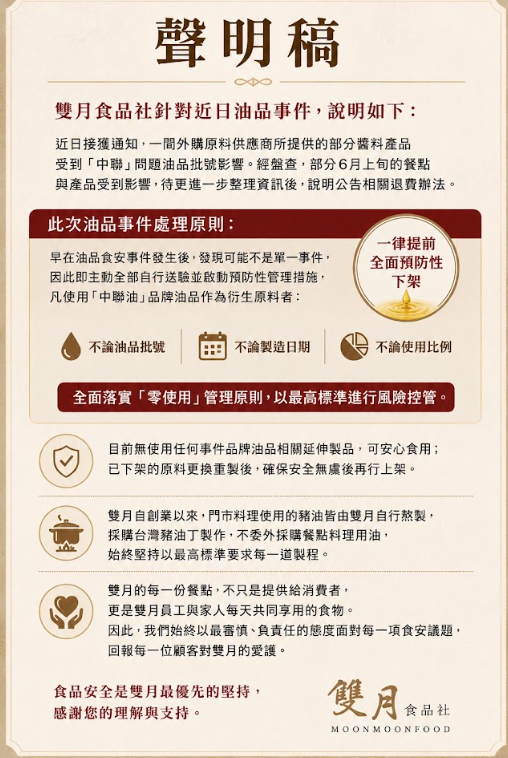 中聯油品事件延燒　雙月、鼎泰豐、全家公布下架退費措施
