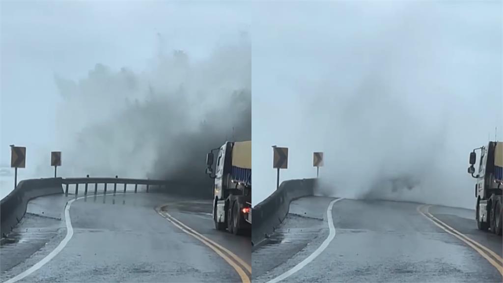 北海岸濱海公路遭「巨浪襲擊」 一度看不到路!急派員管制台2線車道
