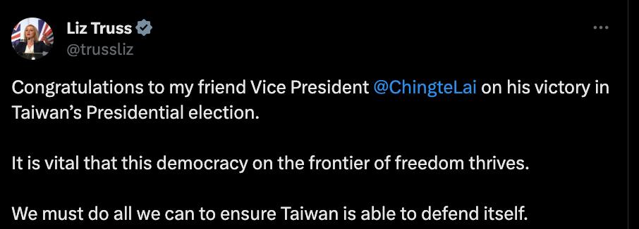 快新聞／英國前首相祝賀賴清德當選：必須確保台灣有自我防衛能力