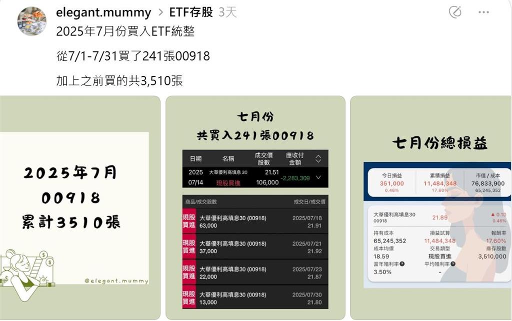 靠這檔ETF 7月入帳228萬！全職媽咪PO帳單 網友驚呆了