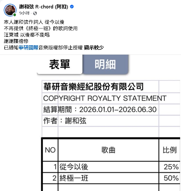 謝和弦收回〈終極一班〉授權：汪東城以後不能唱！TANK也被點名「大神等級」