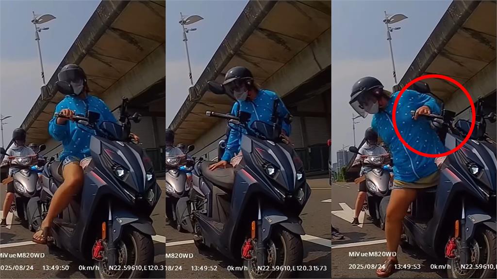  藍衣女撿耳機誤催油門大喊：ㄍㄍㄋ！下秒「整尊飛撲重機」17秒畫面全網笑翻