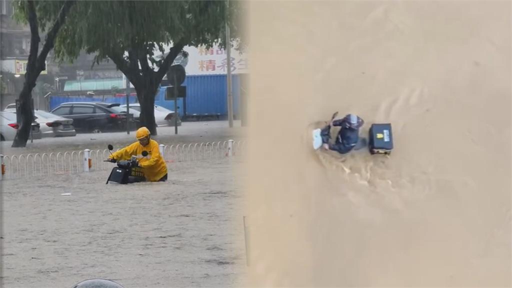 中國廣東暴雨成災！大叔「被淹剩一顆頭」　竟照騎車：防水的