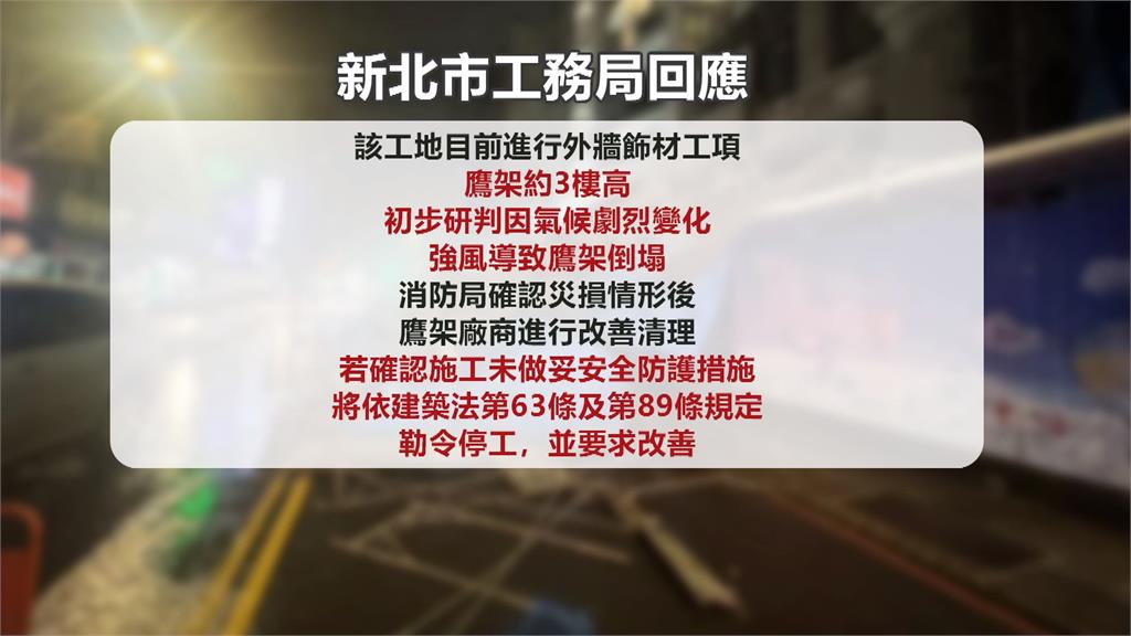 新北狂風暴雨惹禍 中和3層樓高鷹架整片倒塌