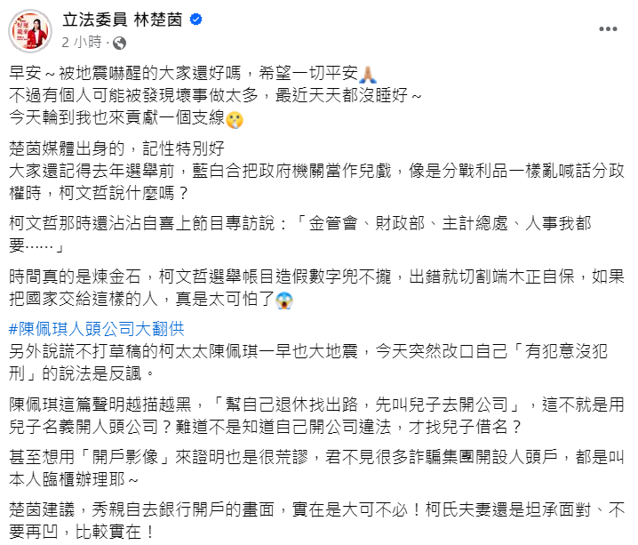 快新聞／陳佩琪稱人頭公司說法是「反諷」　林楚茵痛批說謊不打草稿：越描越黑