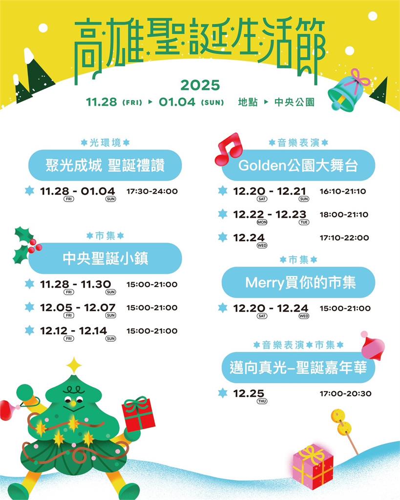 快新聞/高雄耶誕生活節登場!中央公園點亮永恆星冠 金曲級卡司連唱5天