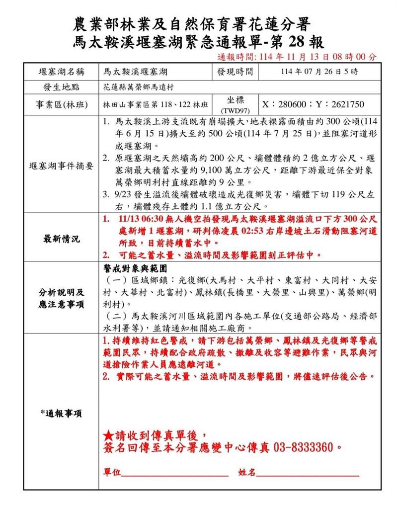 快新聞/快逃!花蓮馬太鞍溪「凌晨再現新堰塞湖」 官方紅色警戒持續